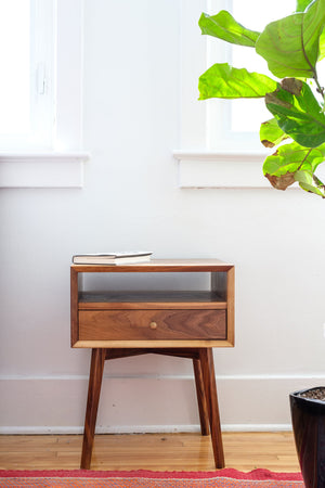 Mid mentury walnut nightstands with one drawer, one open shelf, bevelled front edge